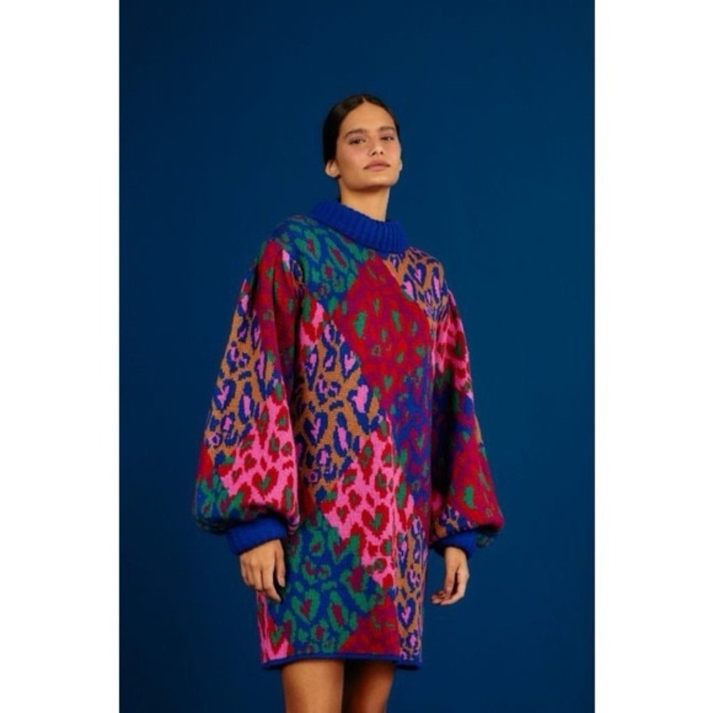 Farm Rio Colorful Leopard Print Knit Sweater Dress Small Bold Statement Mini